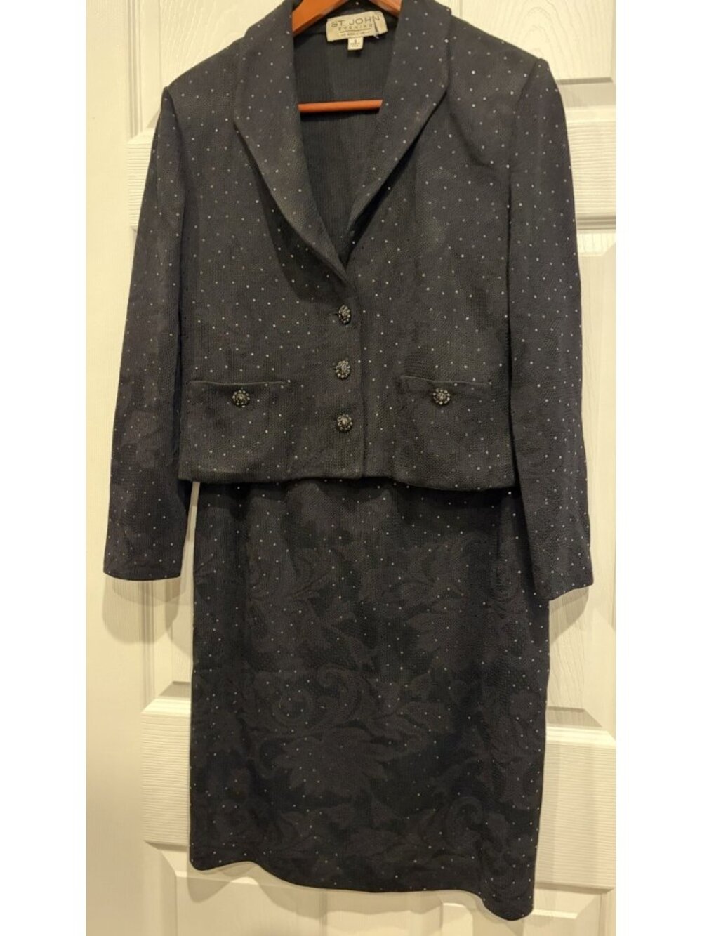 Vtg St. John Marie Gray Suit Jacket Skirt Women’s Size 8/10 Black Sparkly EUC